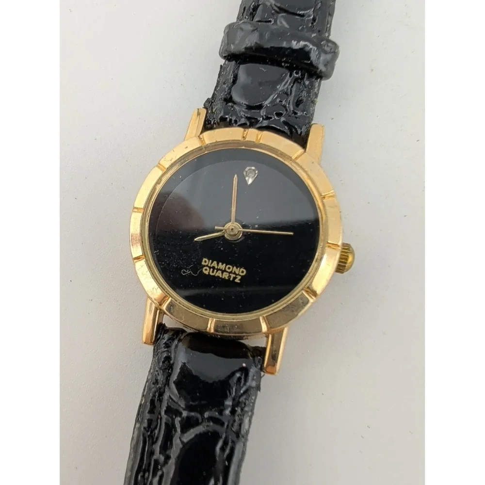 Classic GenuineDiamond Accent Gold Women's Quartz Watch Black Band- New Battery!